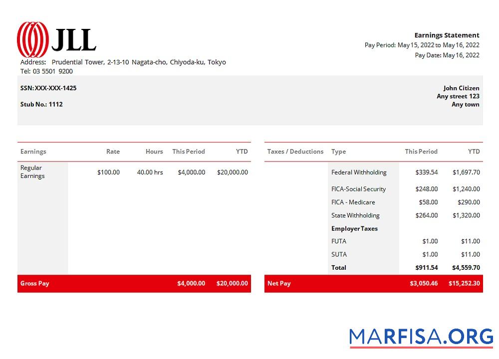 Printable USA JLL real estate company pay stub Word real example